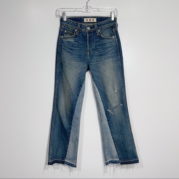 Anthropologie AMO Crop Boot Jeans Distressed w/ Raw Hem Button Fly Two Tone 24 - Picture 2 of 14